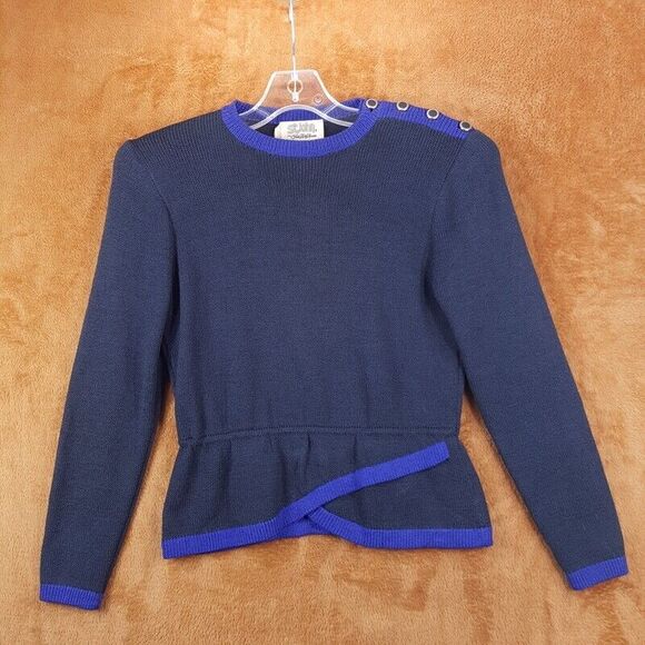 Vintage ST JOHN Sweater Womens Size 2 Gray Pullover Peplum Flare Button Shoulder - Picture 1 of 8